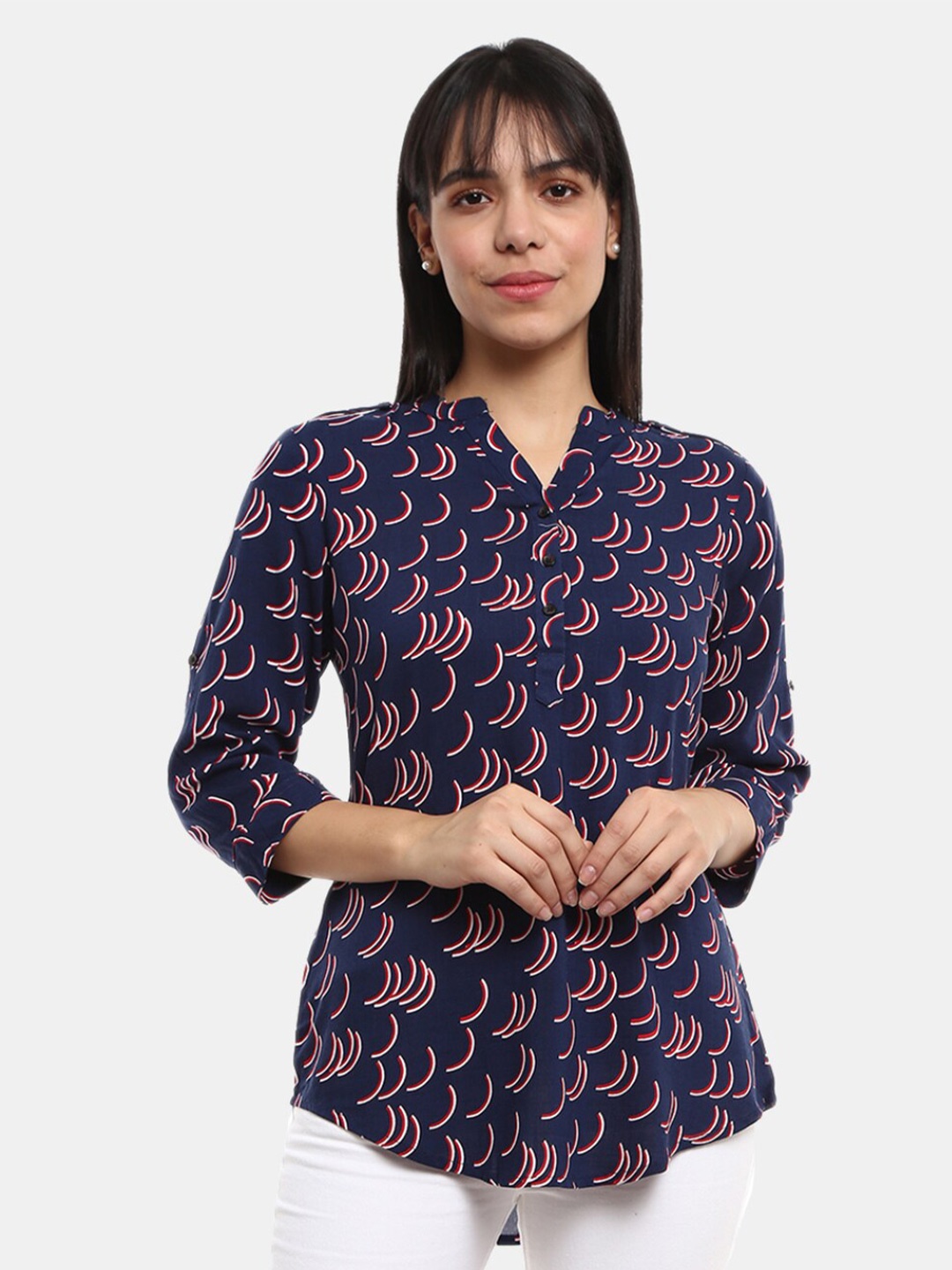 

V-Mart Women Navy Blue Geometric Print Mandarin Collar Shirt Style Top