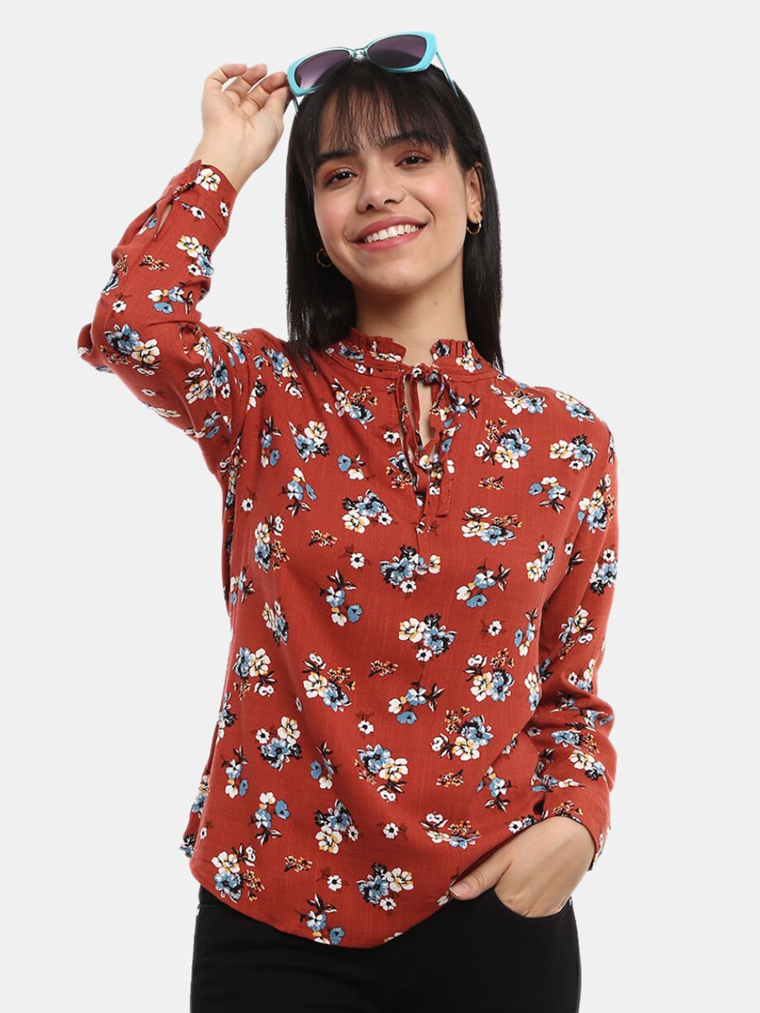 

V-Mart Orange Floral Print Tie-Up Neck Top