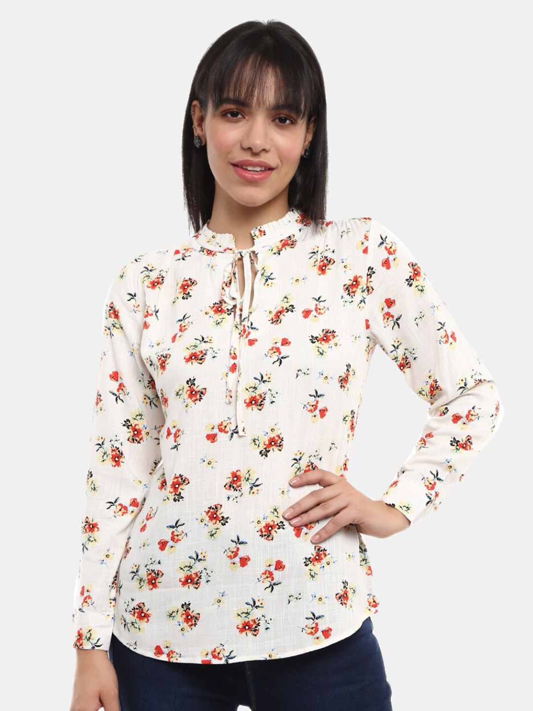 

V-Mart Off White & Red Floral Print Tie-Up Neck Top