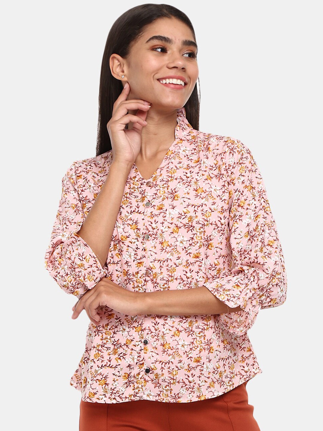 

V-Mart Women Pink Floral Print Top With Ruffle Collar