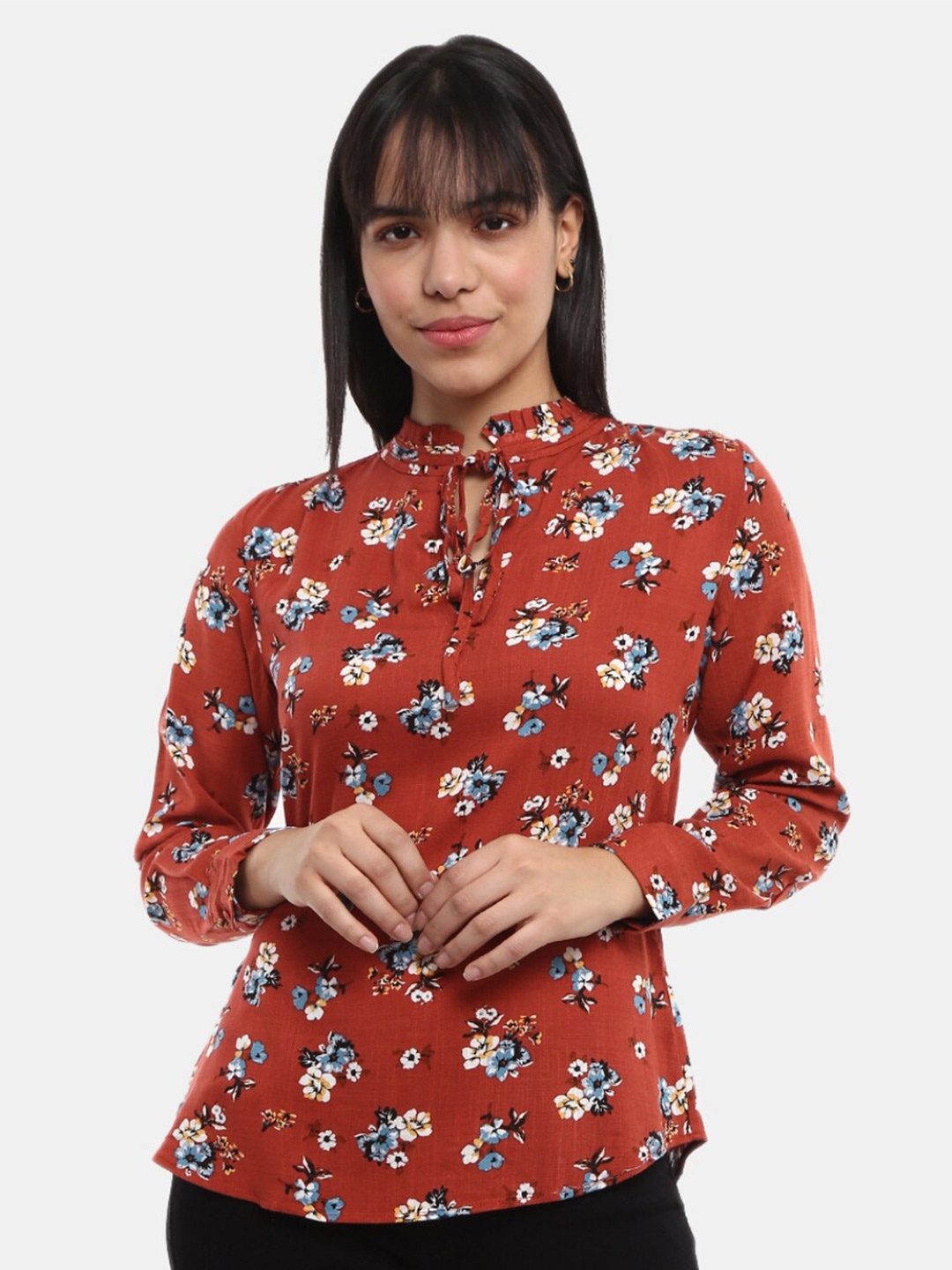 

V-Mart Woman Orange & White Floral Print Tie-Up Neck Top