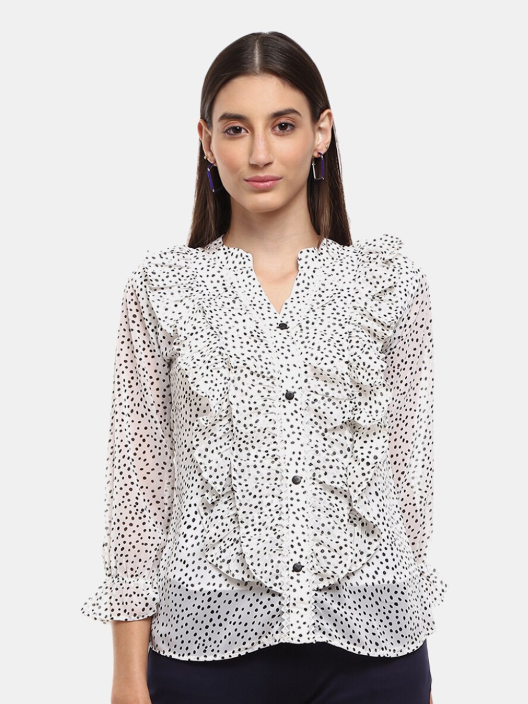 

V-Mart Women White & Black Polka Dot Band Neck Shirt Style Top