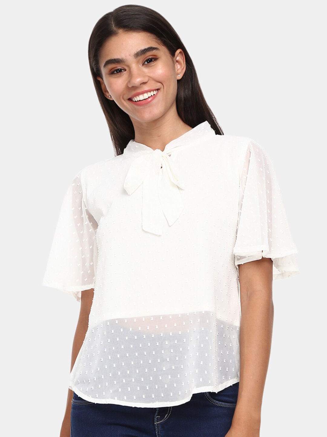 

V-Mart Off White Tie-Up Neck Sheer Top