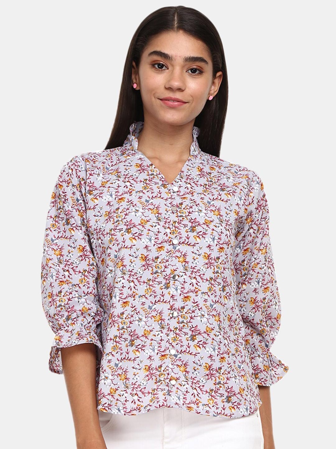 

V-Mart Grey & Pink Floral Print Shirt Style Top