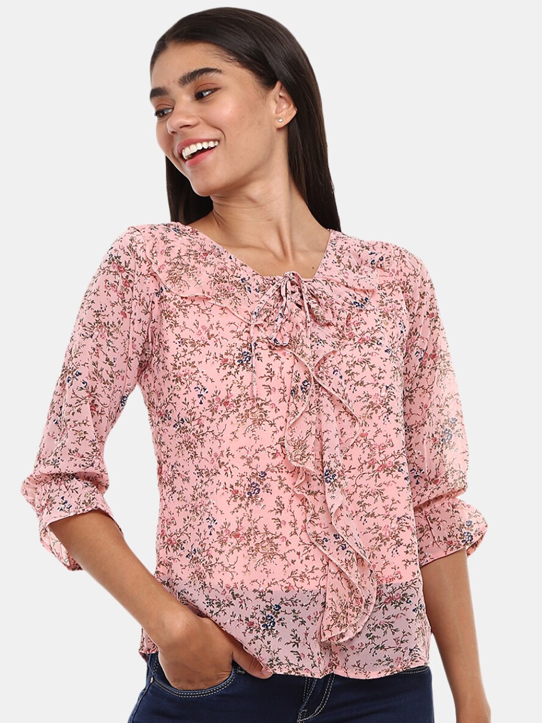 

V-Mart Peach-Coloured Floral Print Tie-Up Neck Top