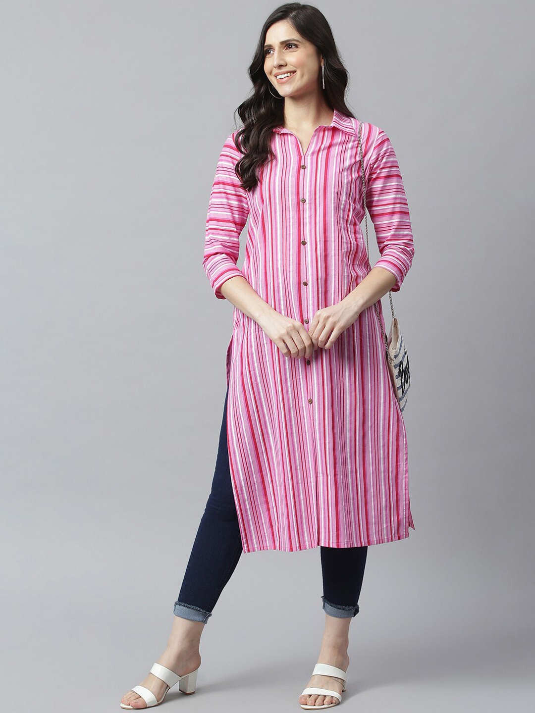 

METRO-FASHION Women Pink Striped Thread Work Pastels Pathani Kurta