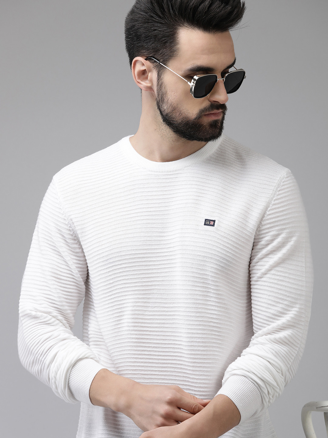 

Arrow Men Off White Striped Self Design Acrylic Pullover