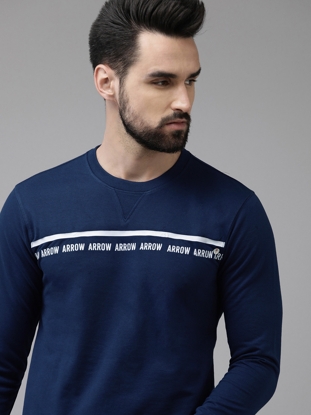 

Arrow Men Navy Blue Brand Logo Print & Striped Knitted Sweatshirt