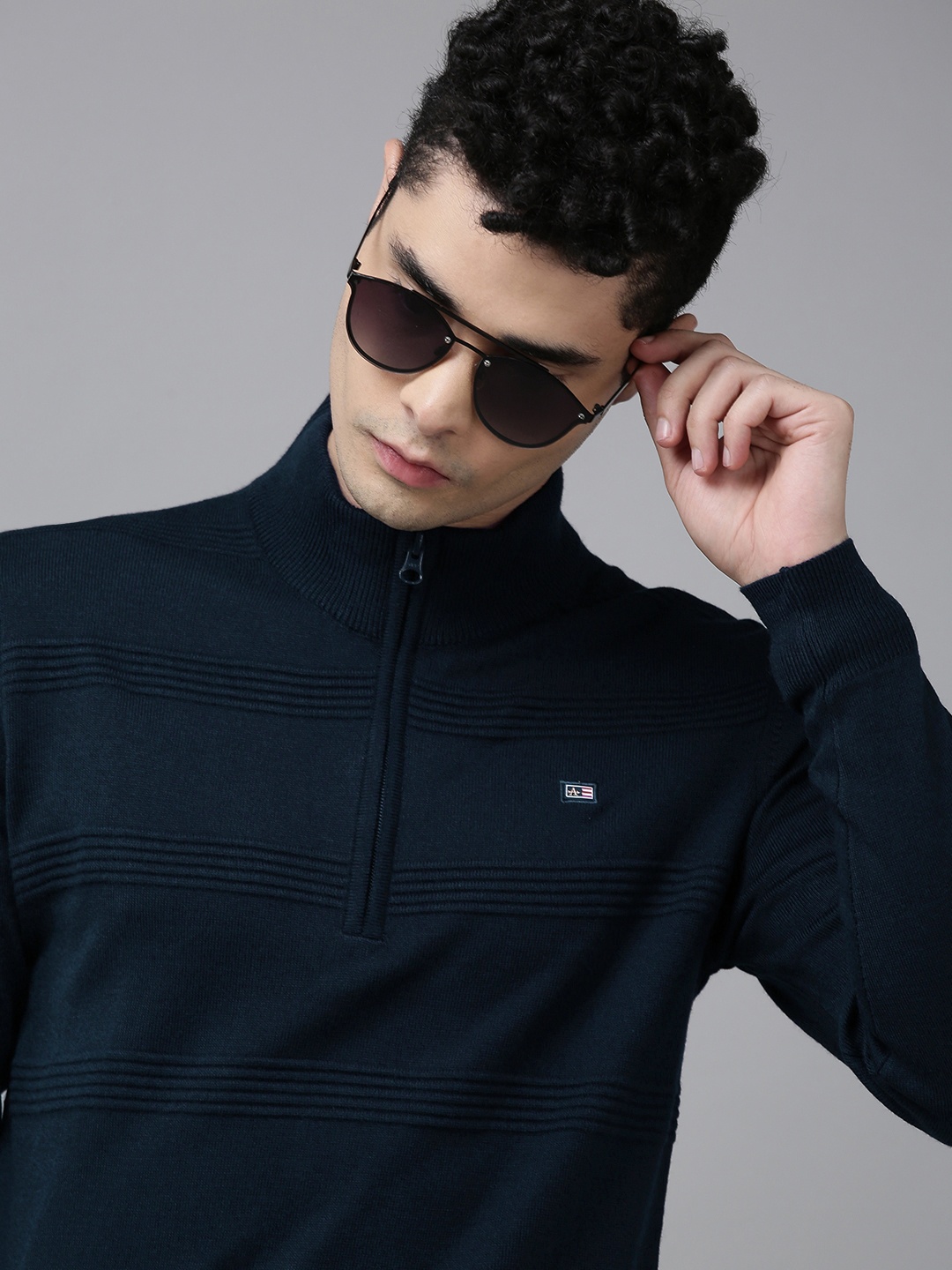 

Arrow Men Navy Blue Self Striped Pullover