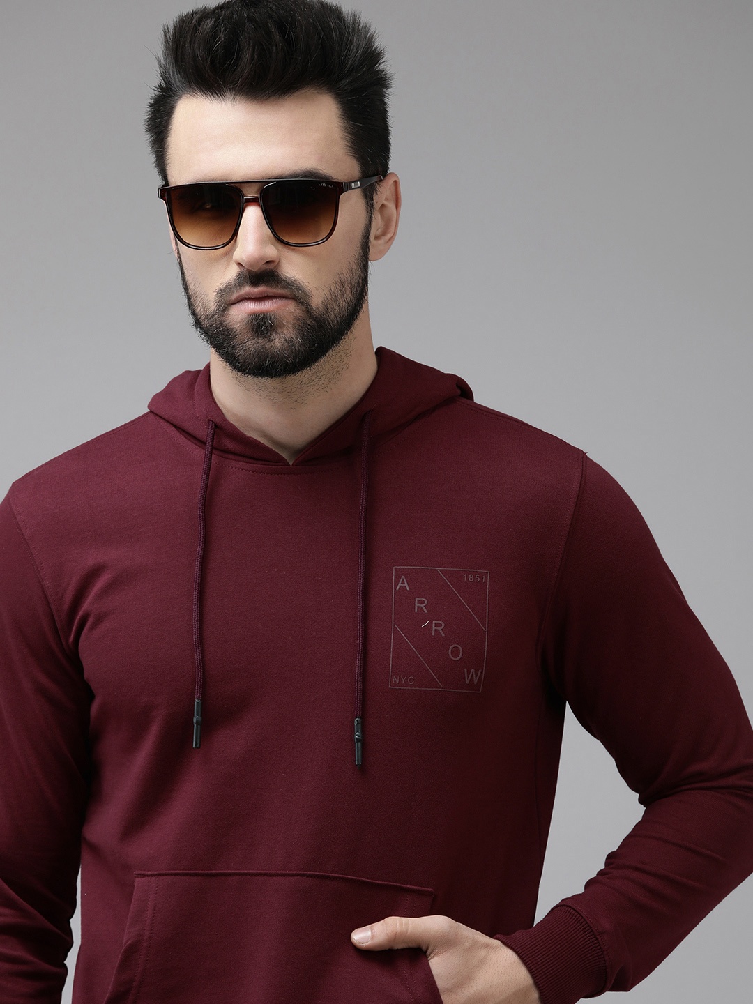 

Arrow Men Burgundy Brand Logo Placement Print Hooded Sweatshirt