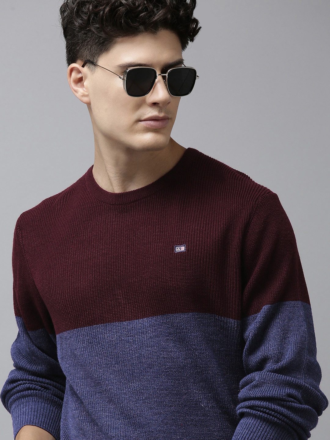 

Arrow Men Burgundy & Blue Colourblocked Pullover