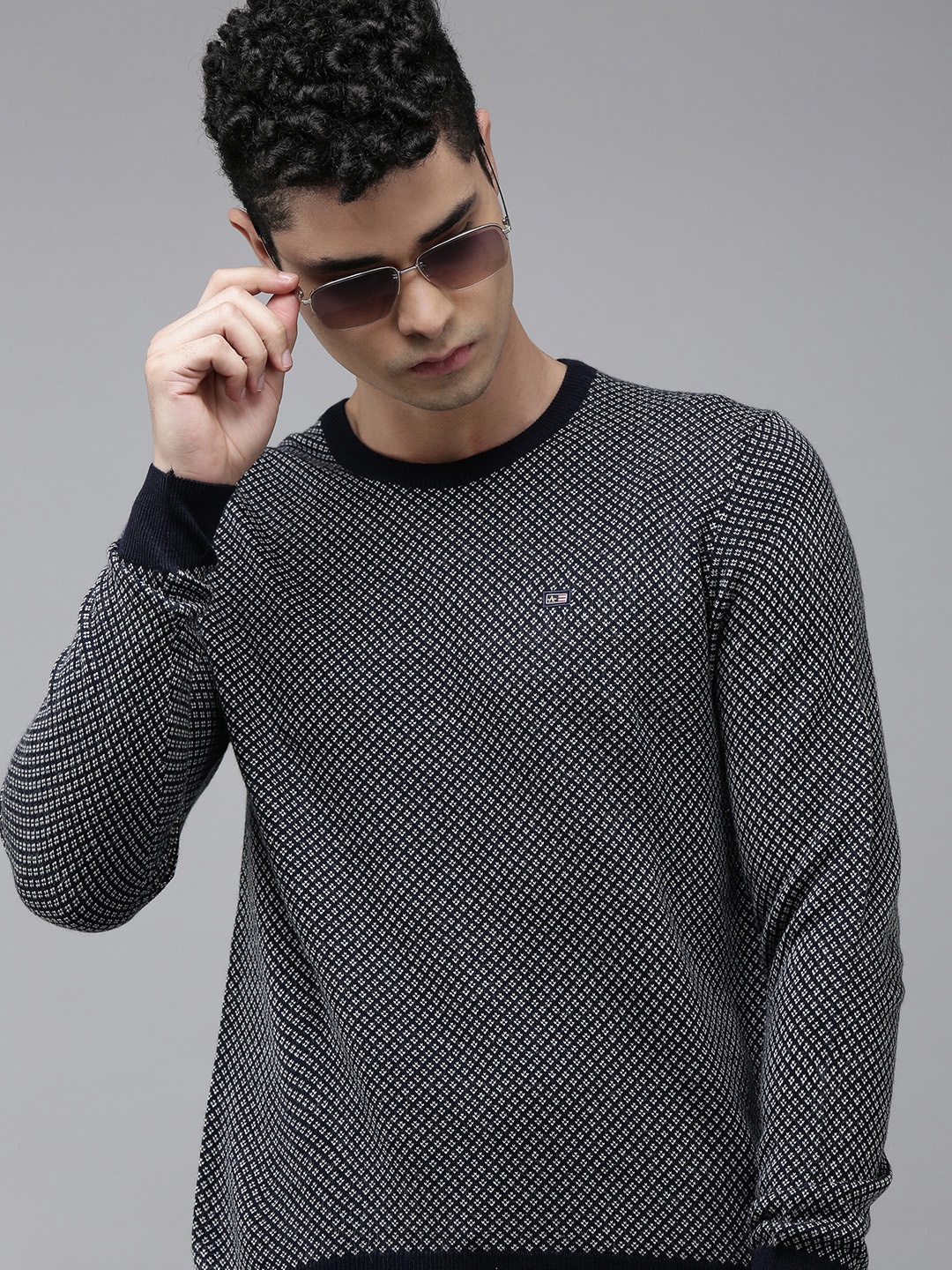 

Arrow Men Navy Blue & White Cable Knit Pullover