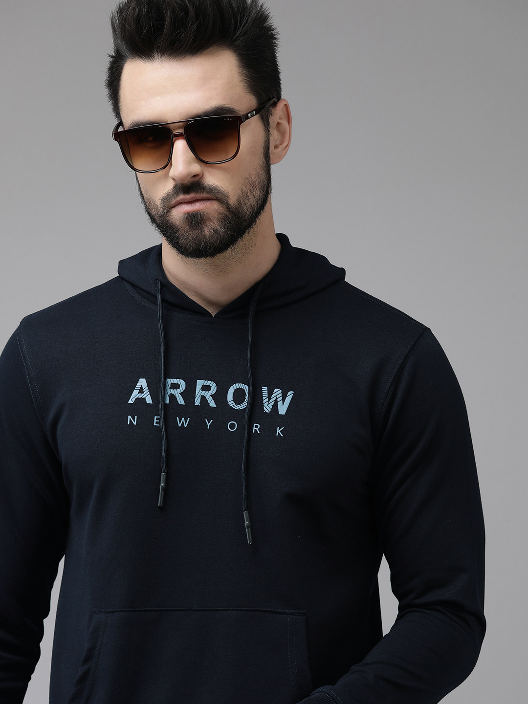 

Arrow Men Navy Blue Brand Logo Print Hooded Sweatshirt