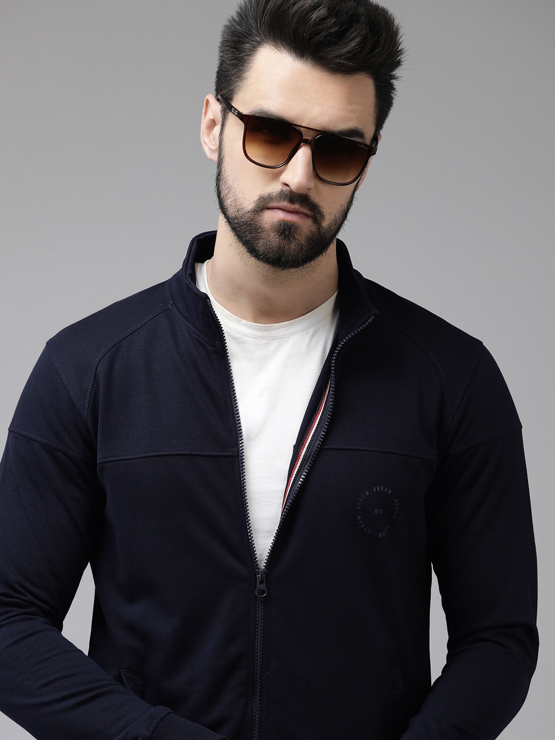 

Arrow Men Navy Blue Solid Knitted Front-Open Sweatshirt