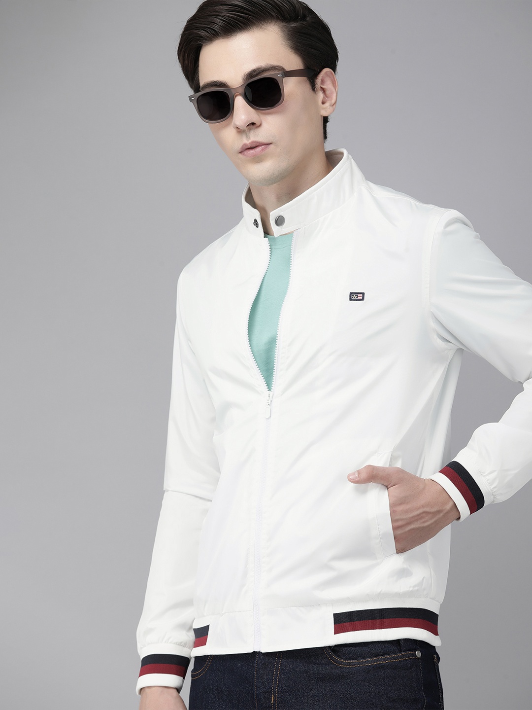 

Arrow Men White Solid Stand-Collar Bomber Jacket