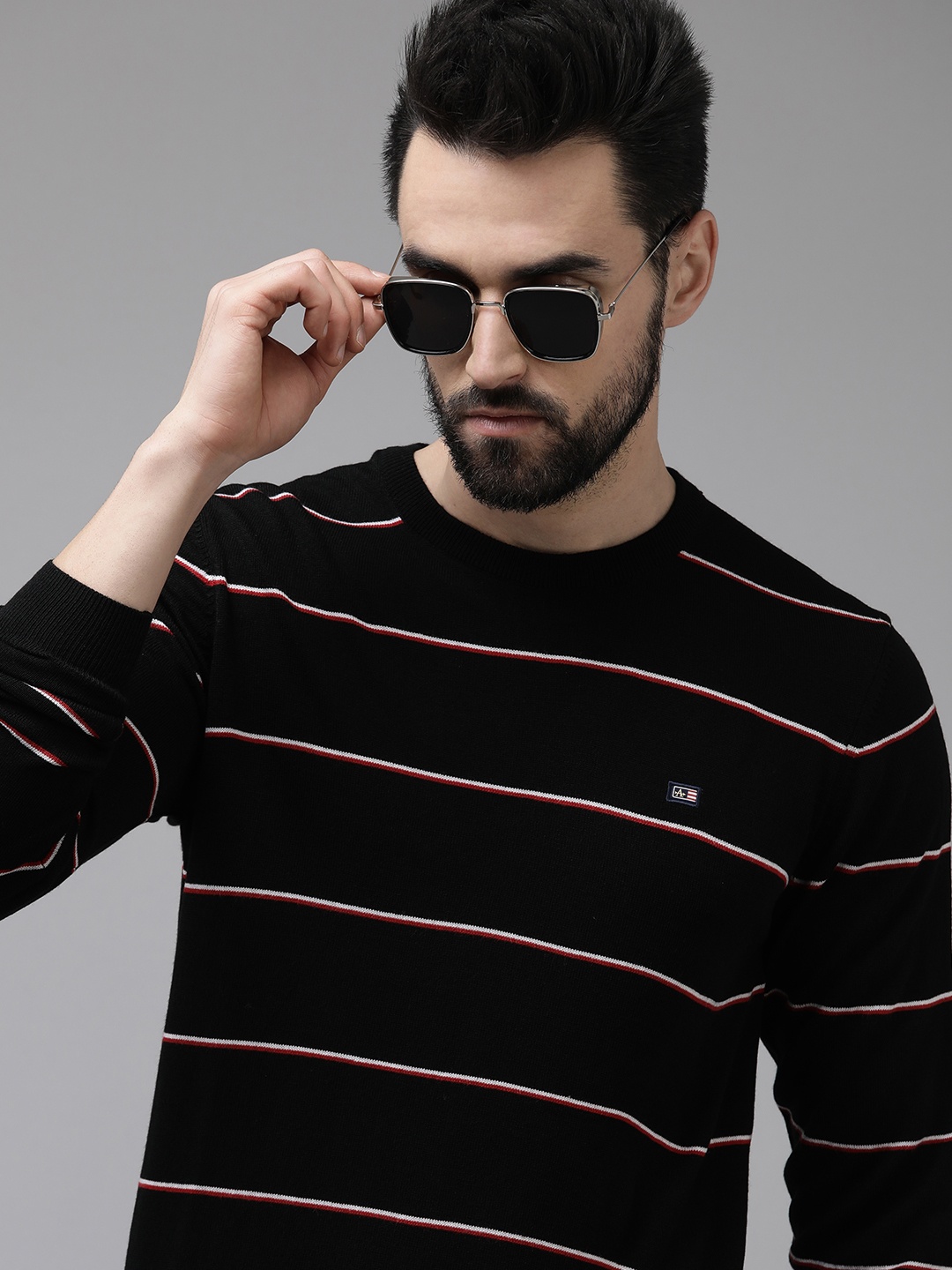 

Arrow Men Black & White Striped Pullover