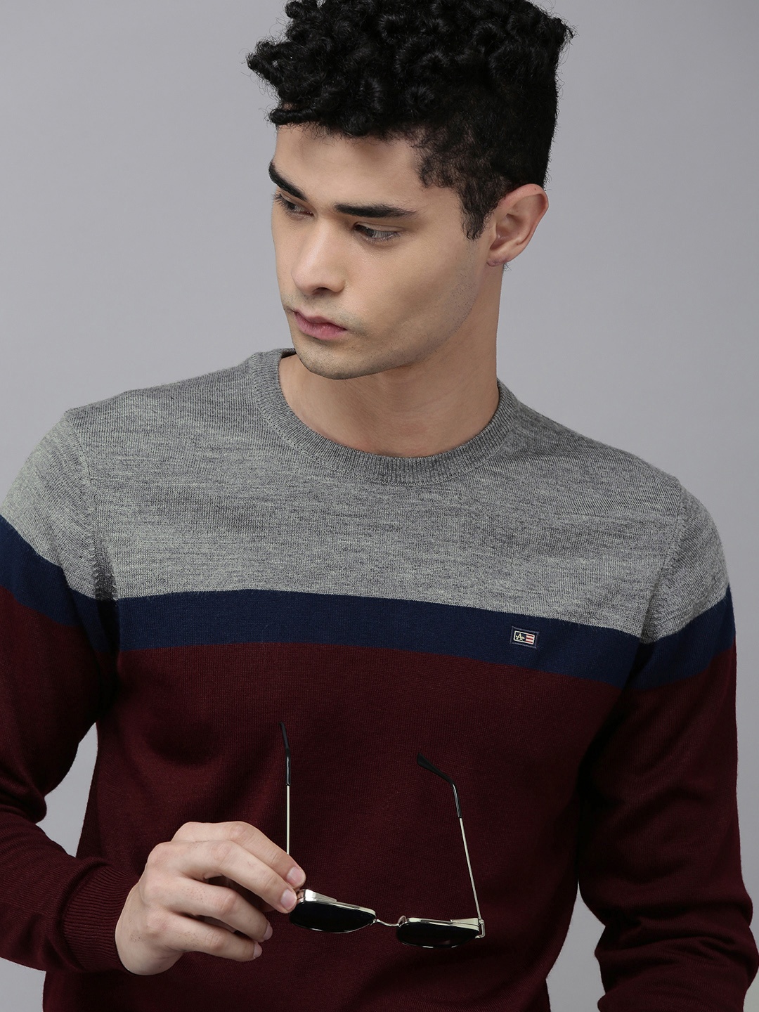 

Arrow Men Burgundy & Grey Melange Colourblocked Pullover