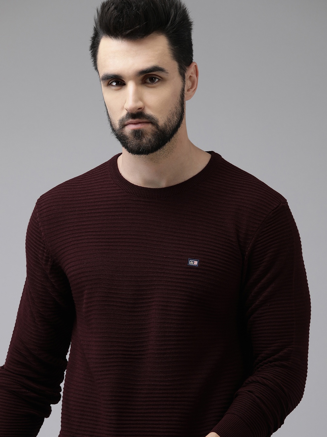 

Arrow Men Burgundy Striped Self Design Acrylic Pullover