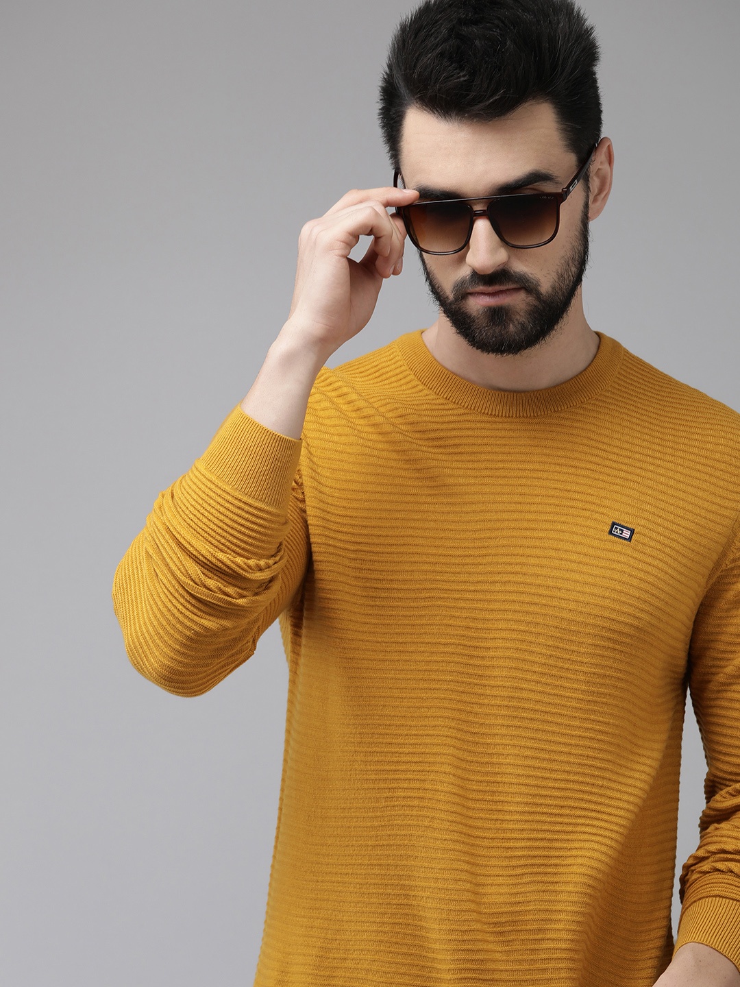 

Arrow Men Mustard Yellow Striped Self Design Acrylic Pullover