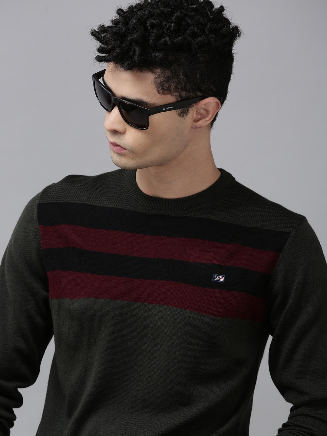 

Arrow Men Olive Green & Burgundy Striped Pullover