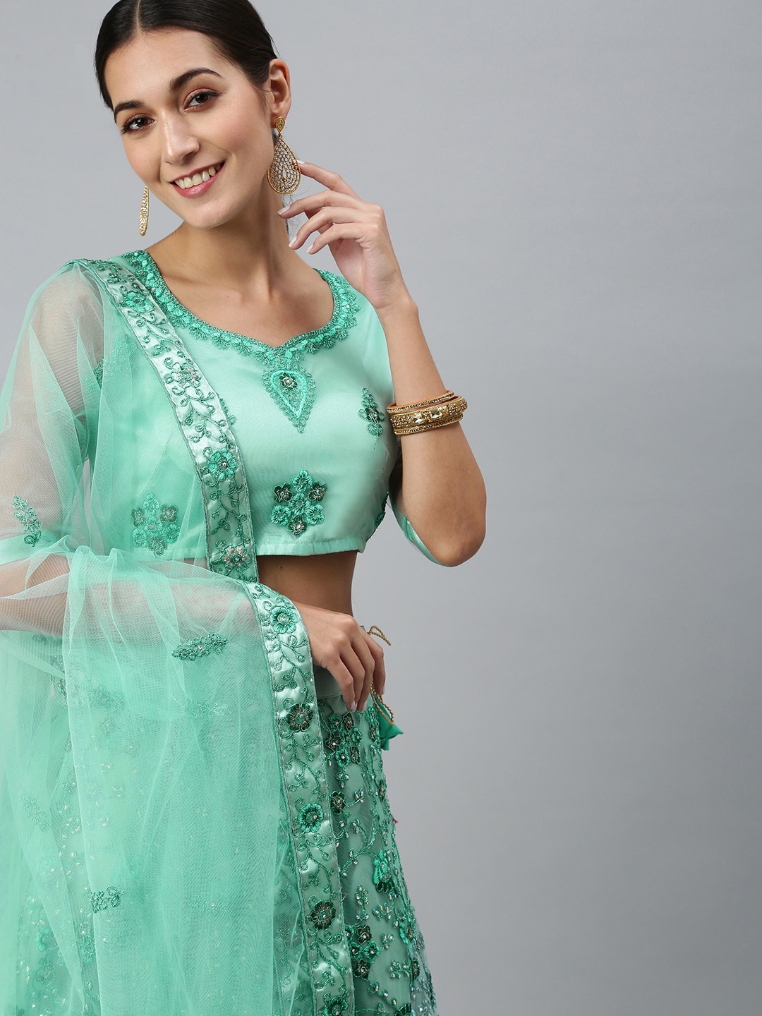 

flaher Sea Green Embroidered Beads and Stones Semi-Stitched Lehenga & Unstitched Blouse With Dupatta