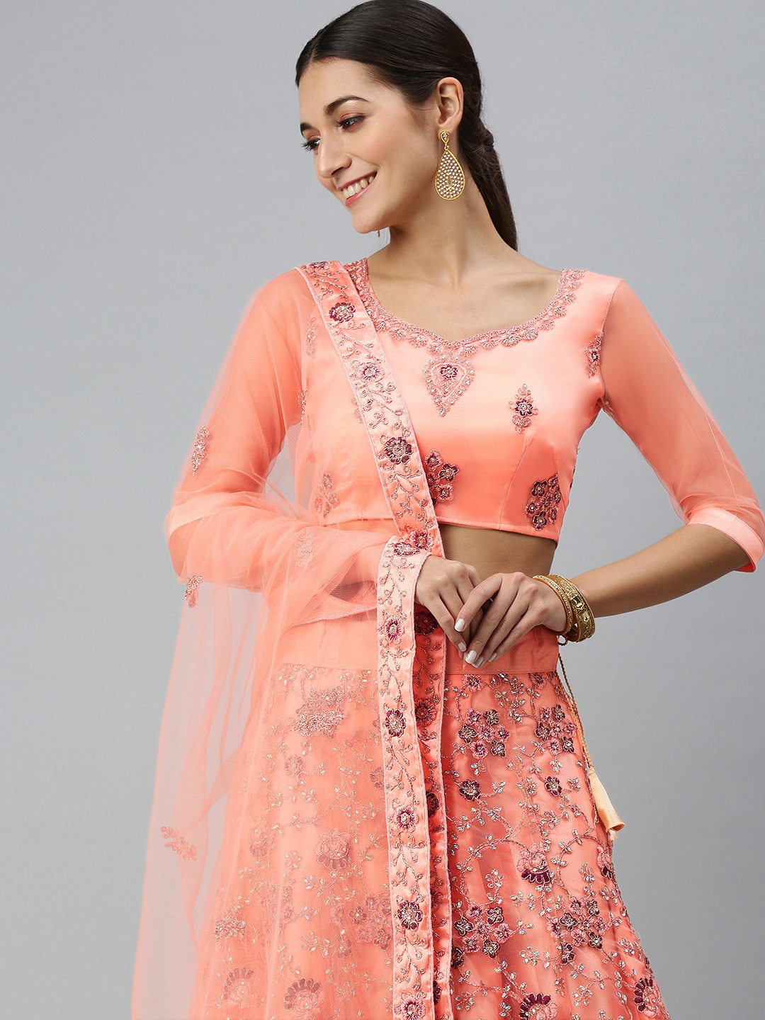 

flaher Peach-Coloured Embroidered Beads and Stones Semi-Stitched Lehenga & Unstitched Blouse With Dupatta