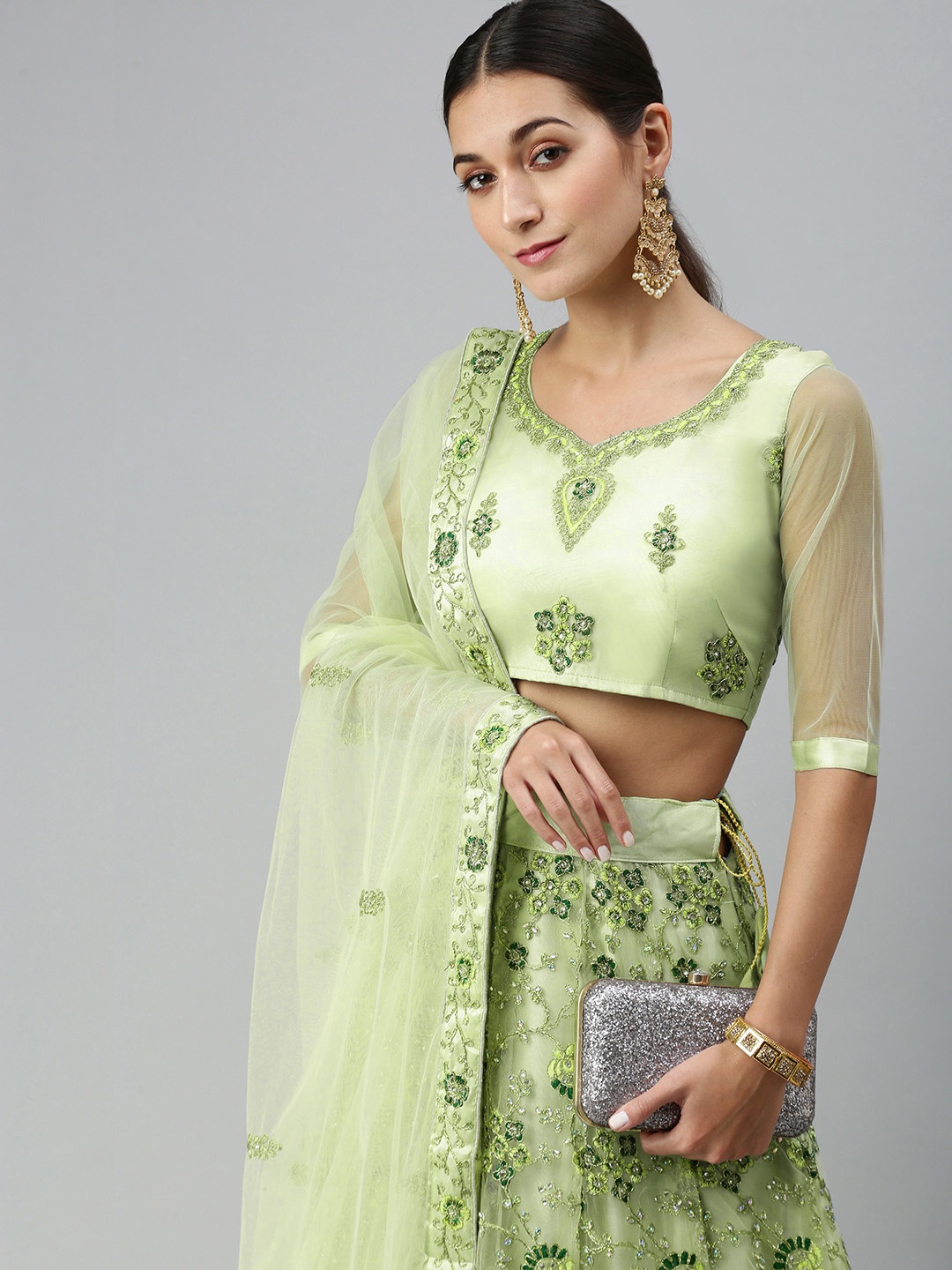 

flaher Green Embroidered Semi-Stitched Lehenga & Unstitched Blouse With Dupatta
