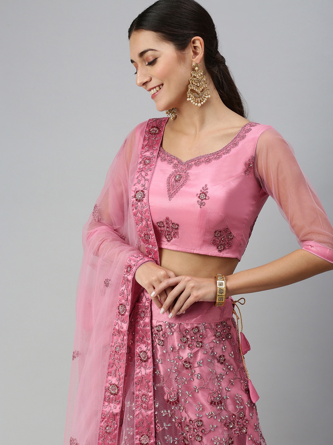 

flaher Pink Embroidered Semi-Stitched Lehenga & Unstitched Blouse With Dupatta