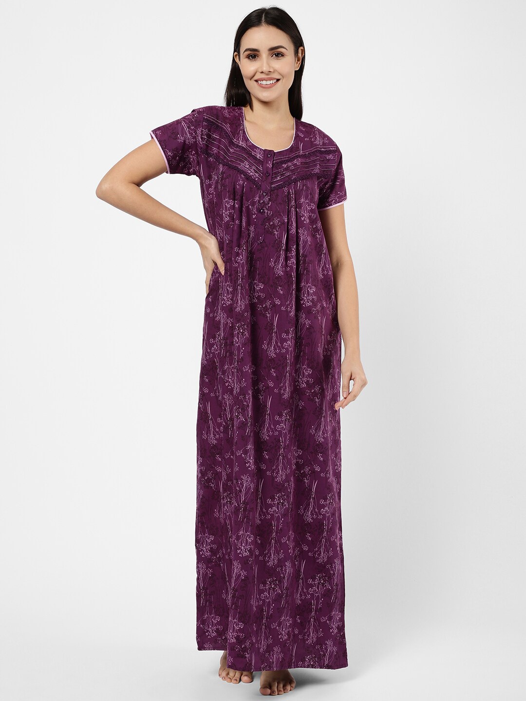 

Sweet Dreams Purple Printed Maxi Nightdress OCW-2390 PURPLE-Purple