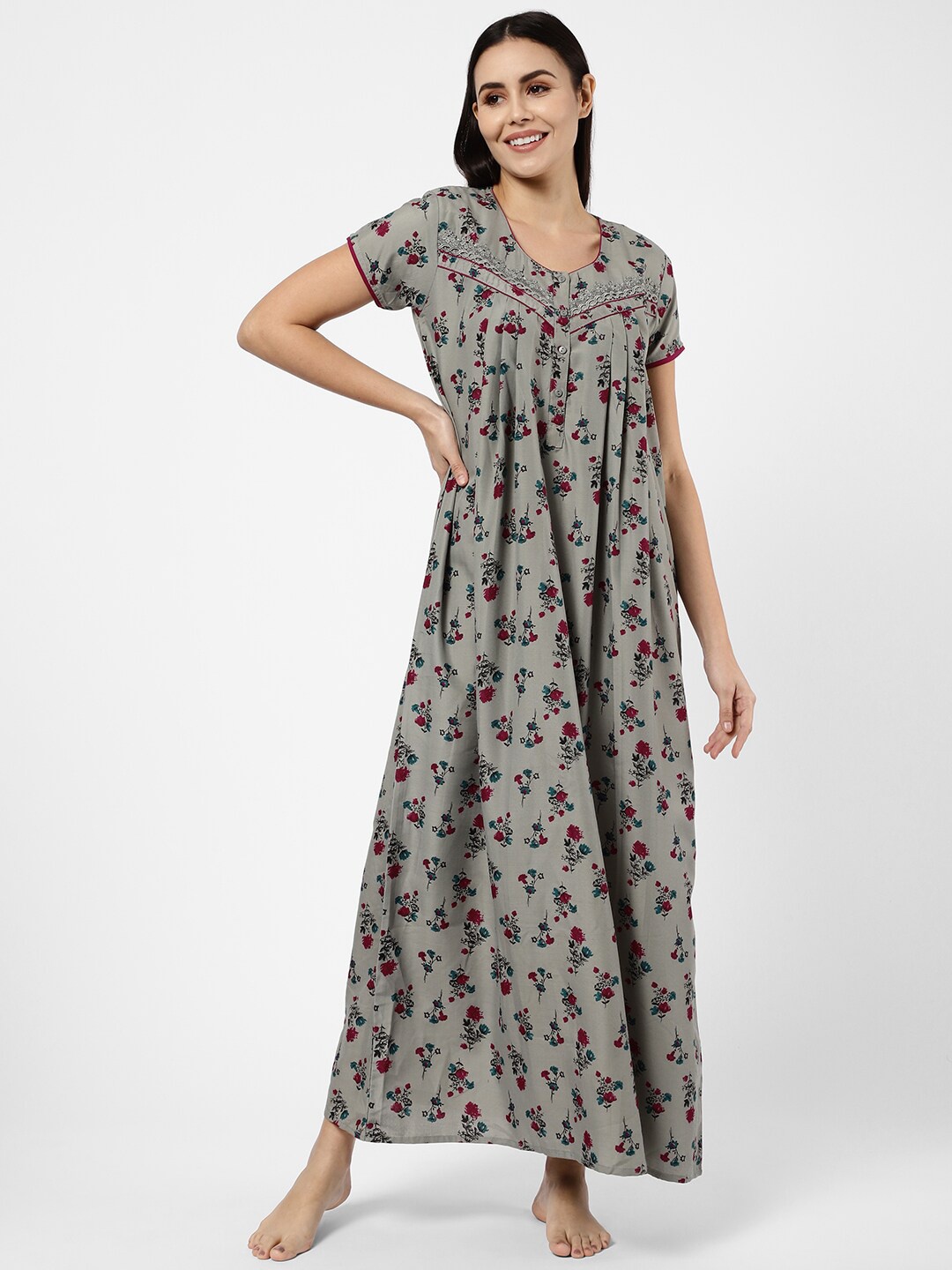 

Sweet Dreams Women Grey Floral Printed Maxi Nightdress