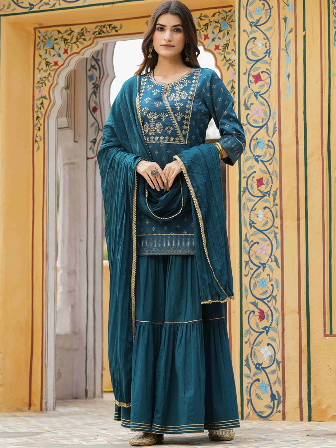 

Juniper Women Teal Blue Ethnic Motifs Printed Kurta with Skirt & With Dupatta
