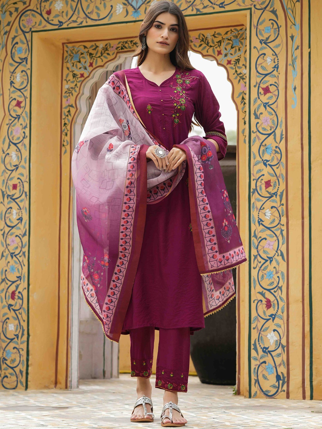 

Juniper Maroon Mono Viscose Festive Wear Embroidered Straight Kurta Pant Dupatta Set