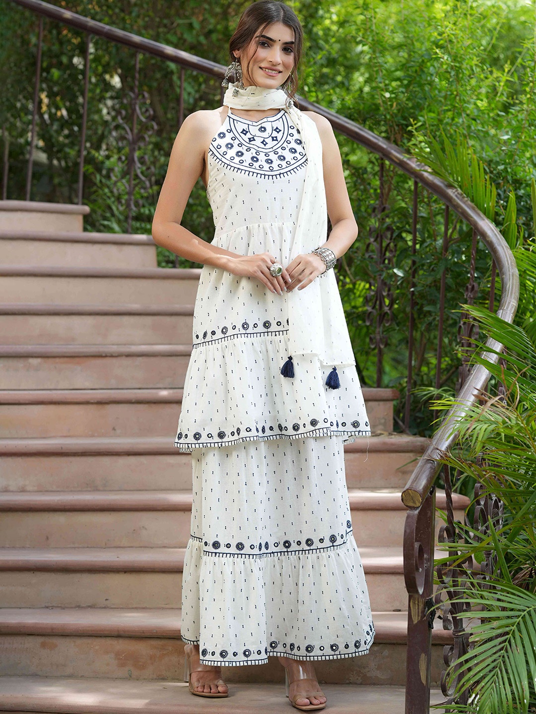 

Juniper Women White Embroidered Kurti with Skirt & With Dupatta