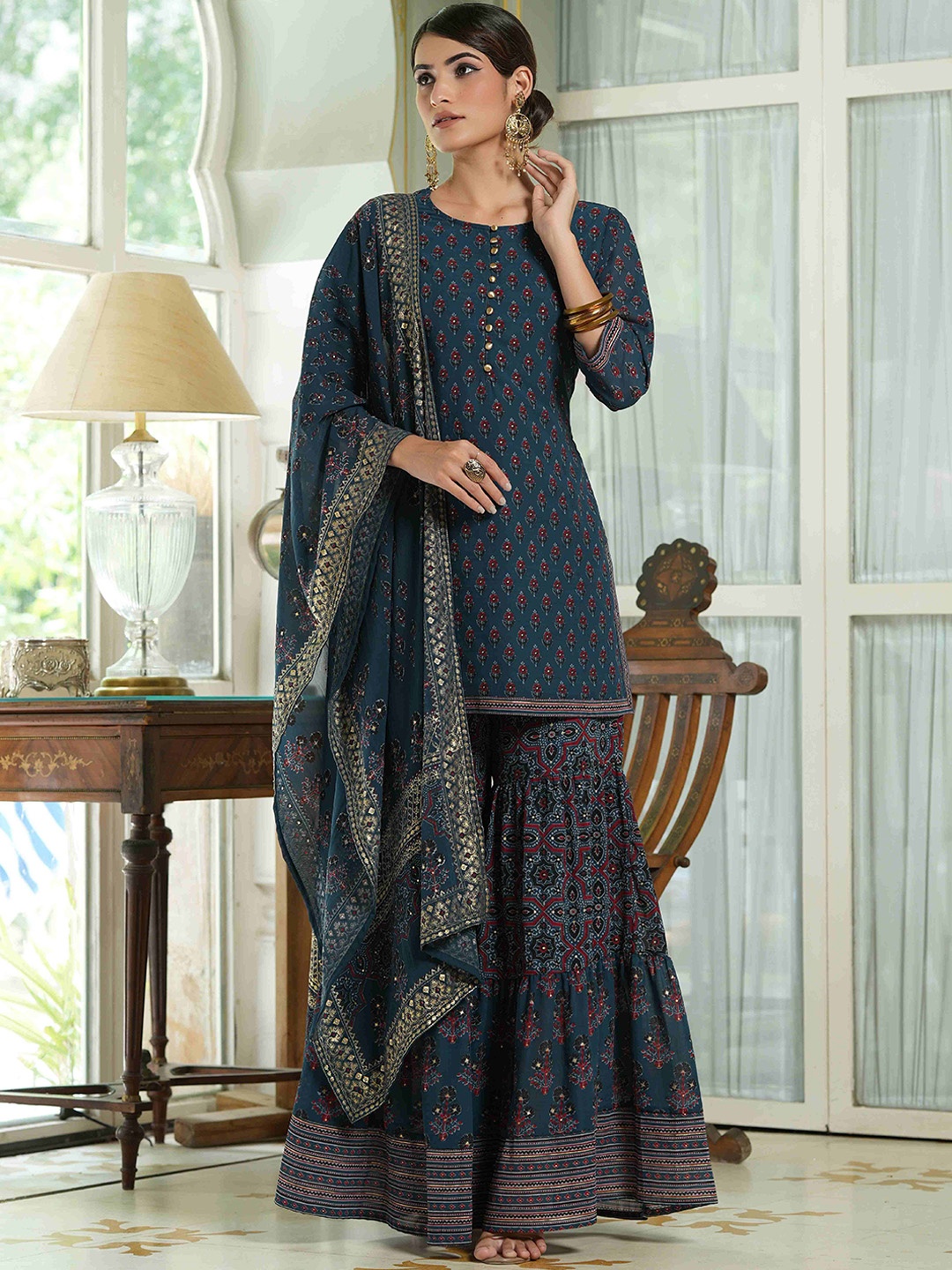 

Juniper Women Teal Ethnic Motifs Printed Kurti with Sharara & With Dupatta