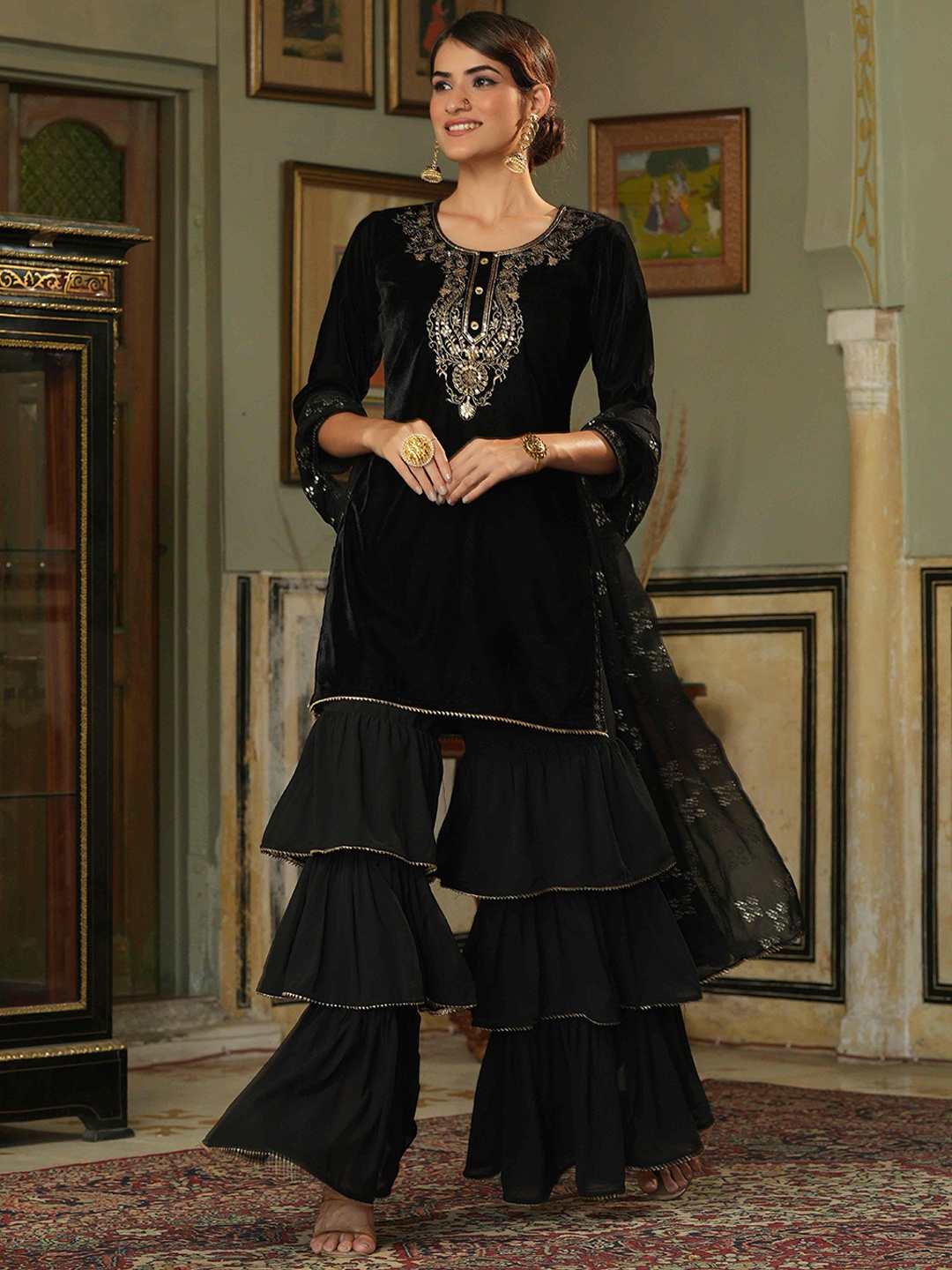 

Juniper Women Black Yoke Design Velvet Kurti with Sharara & With Dupatta