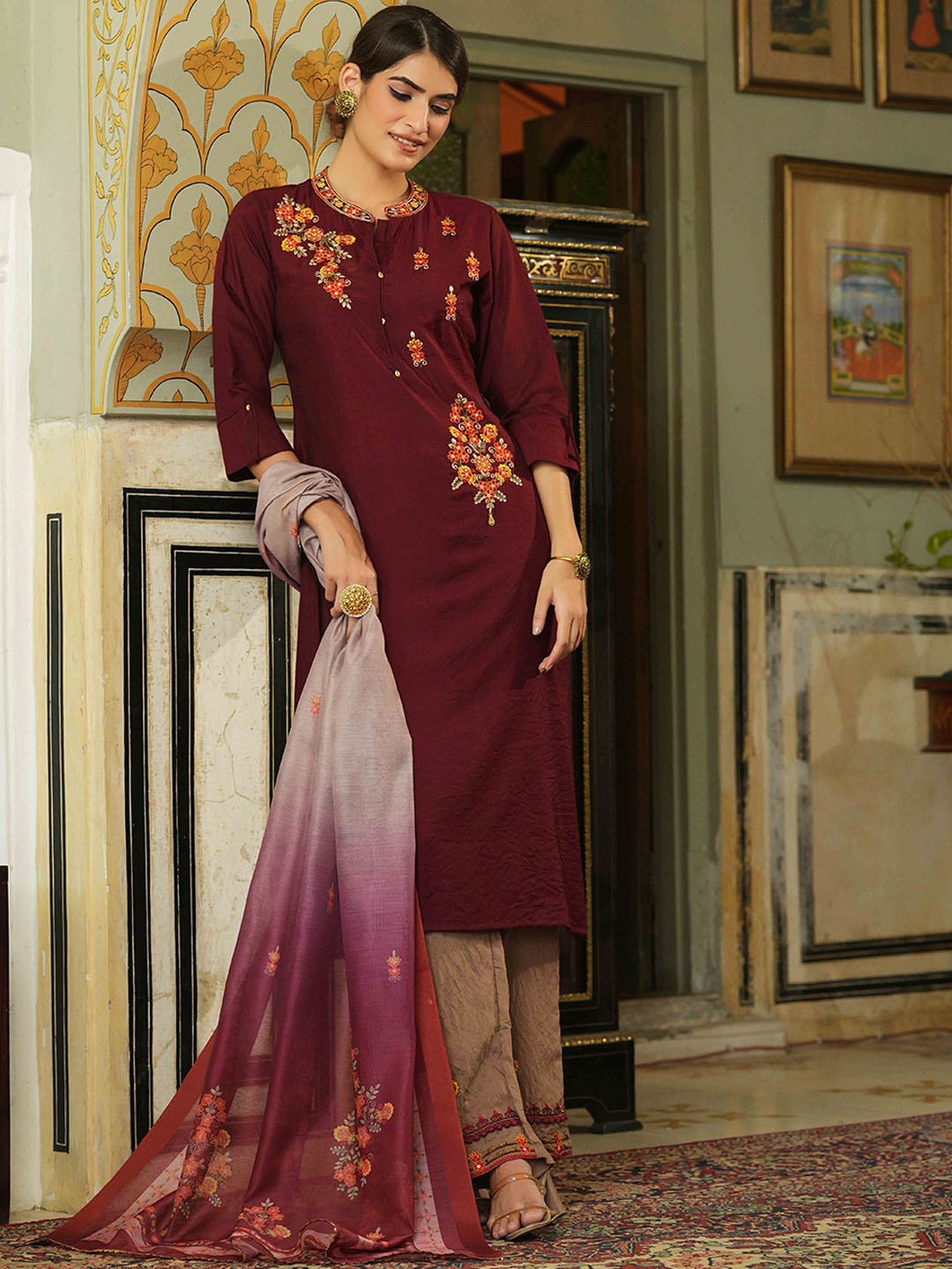 

Juniper Women Maroon Yoke Design Kurta with Pant & With Dupatta