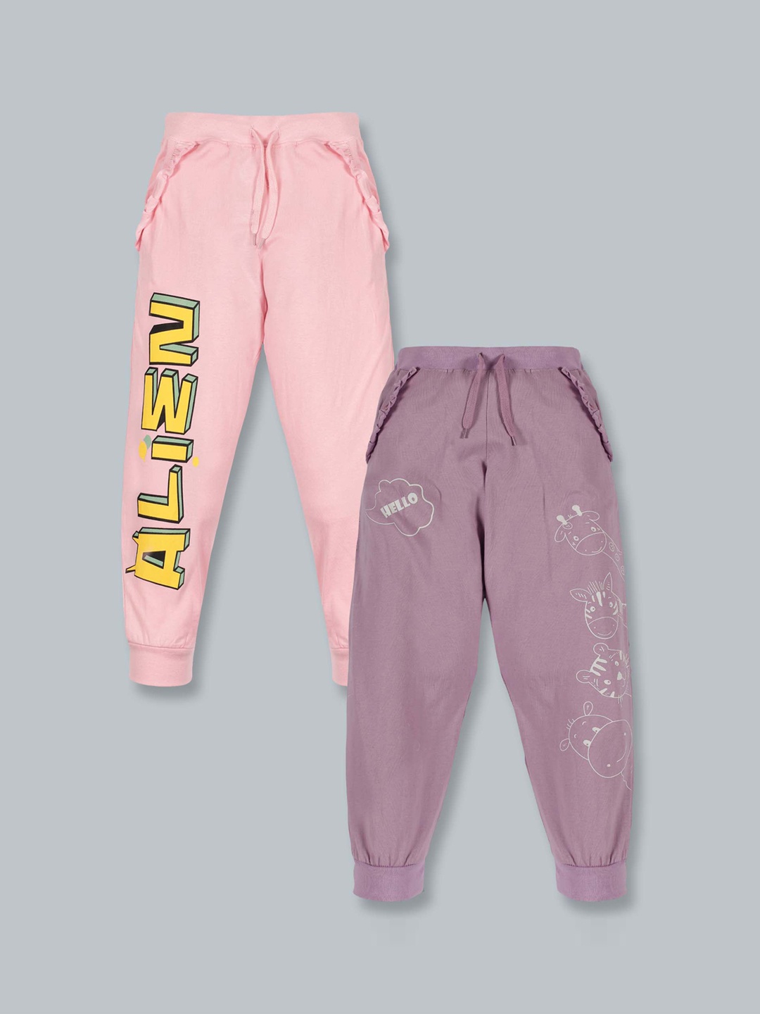 

KiddoPanti Girls Pack Of 2 Pink & Mauve Solid Pure Cotton Track Pants