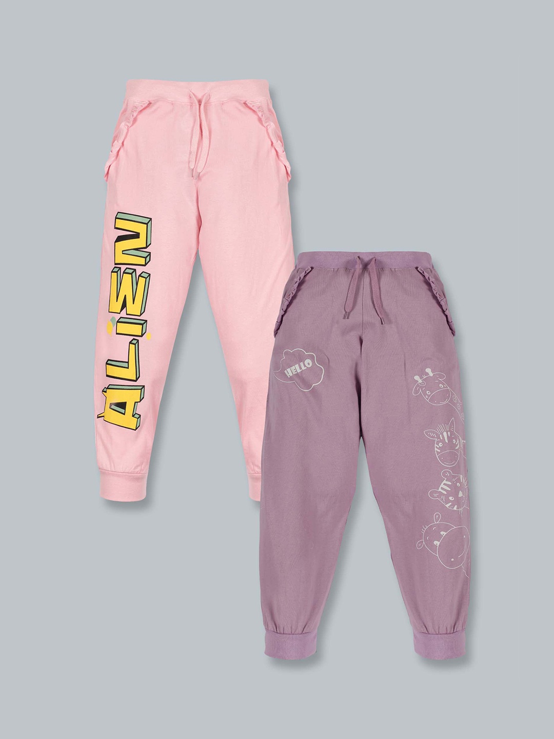 

KiddoPanti Girls Pack Of 2 Pink & Lavender Graphic Printed Cotton Joggers