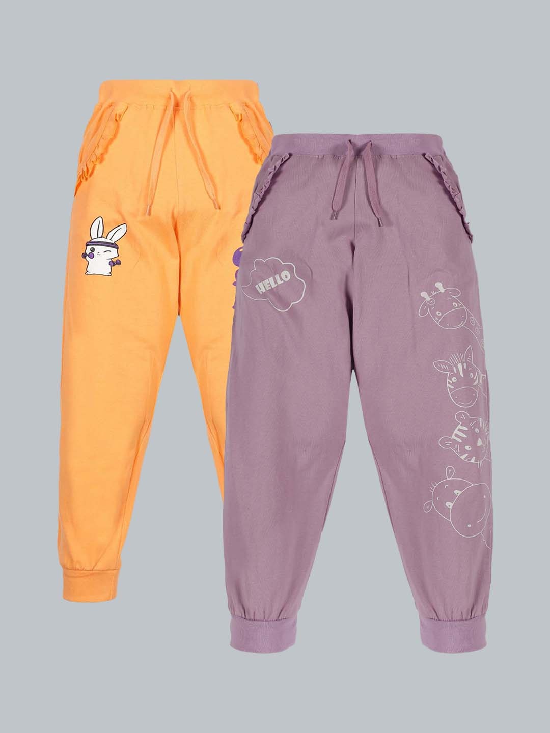 

KiddoPanti Girls Pack Of 2 Printed Pure Cotton Joggers, Peach