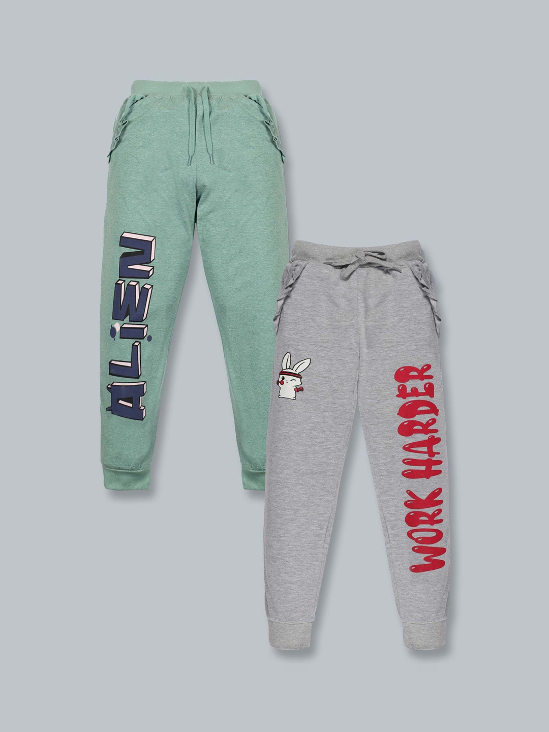 

KiddoPanti Girls Pack Of 2 Green and Grey Solid Pure Cotton Joggers