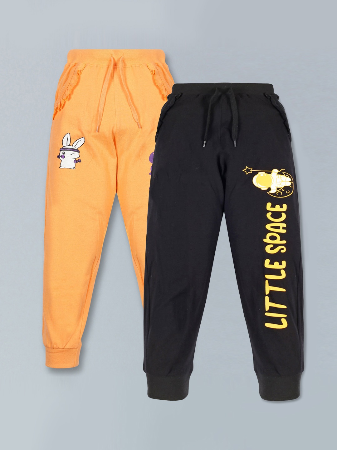 

KiddoPanti Girls Black & Orange Pack of 2 Printed Cotton Joggers