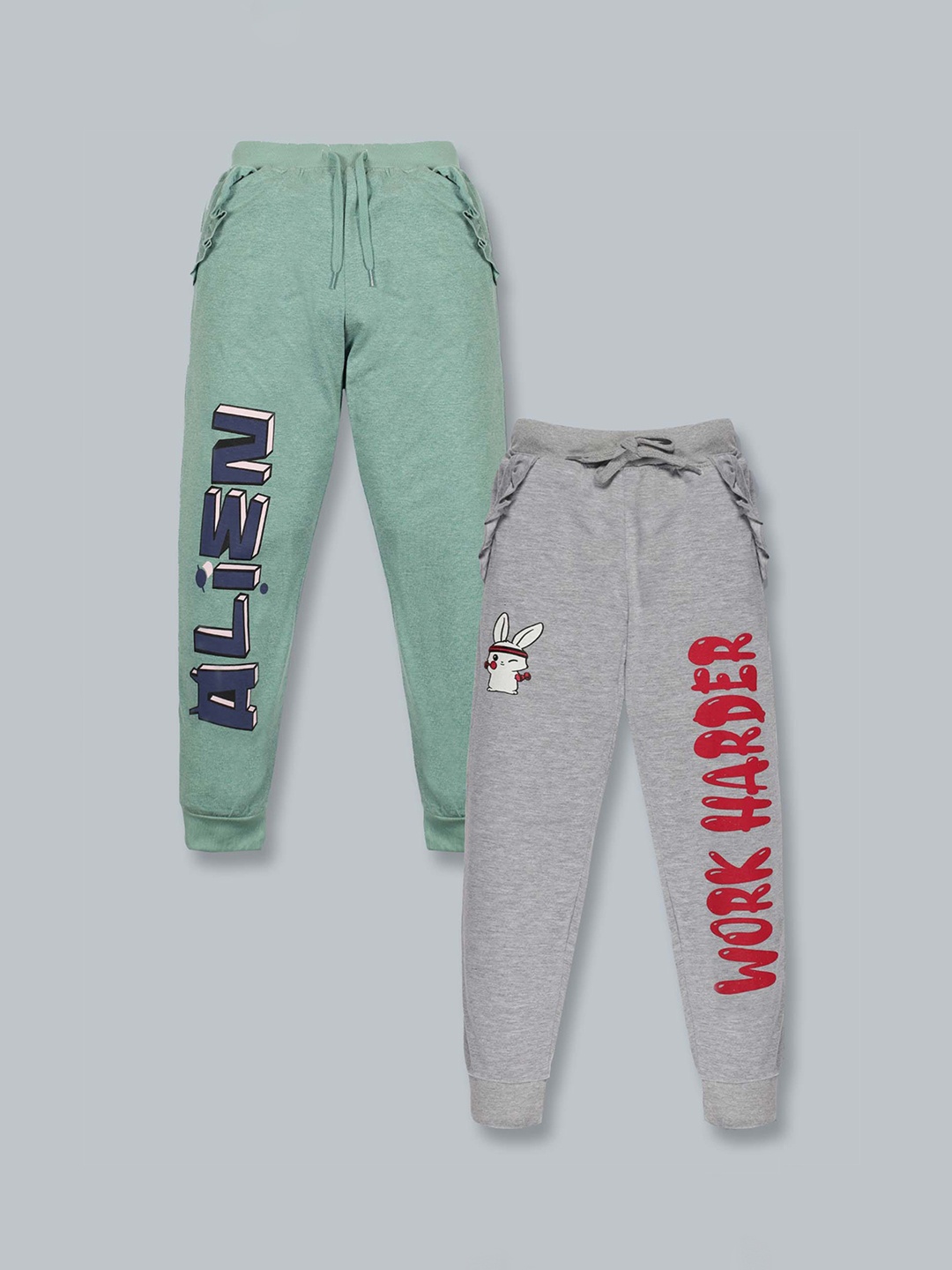

KiddoPanti Girls Pack Of 2 Green & Grey Solid Pure Cotton Joggers