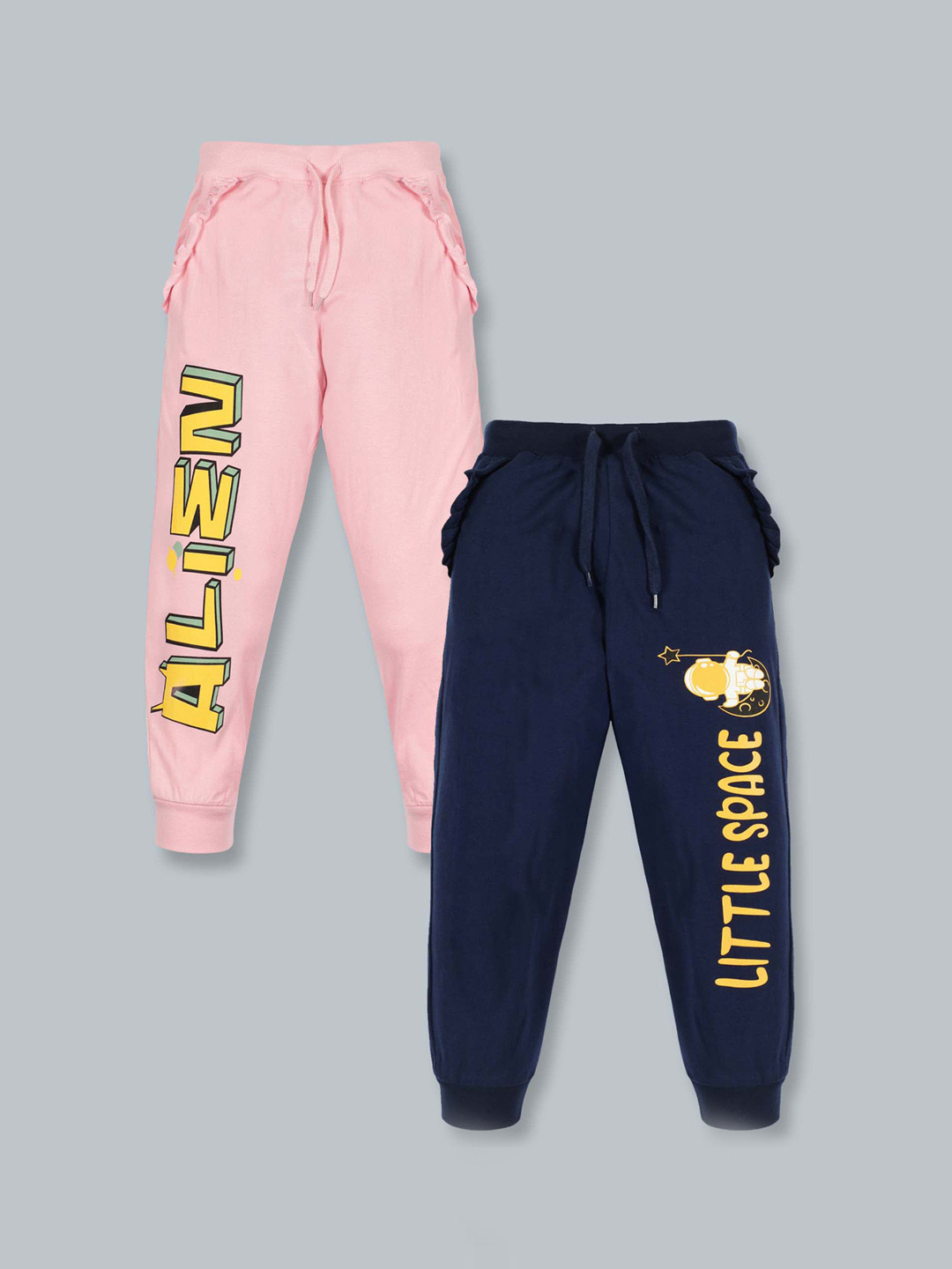 

KiddoPanti Girls Pack Of 2 Pink & Navy Blue Graphic Printed Pure Cotton Track Pants