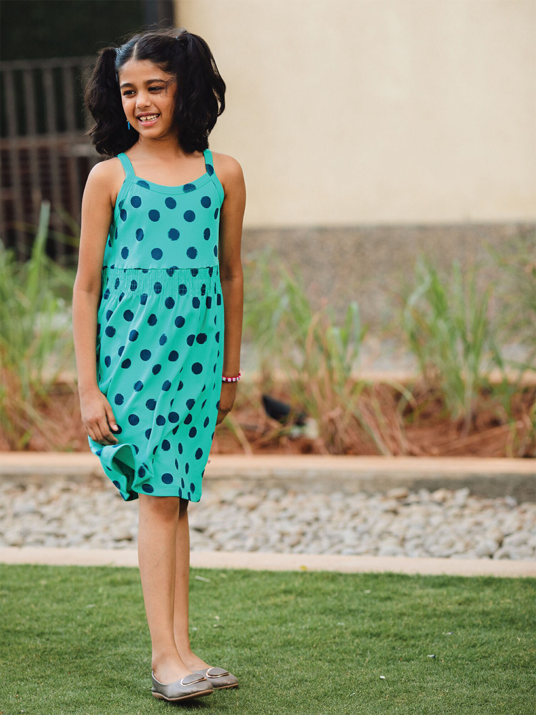 

GREENDIGO Girls Sea Green Polka Dots Printed Organic Cotton Dress