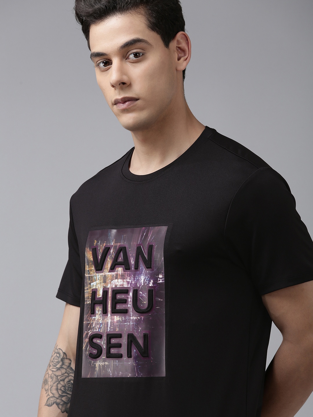 Van Heusen Flex Typography Printed Slim Fit Running T-shirt, Black