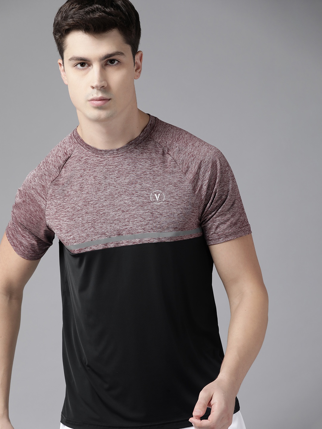 

Van Heusen Flex Men Maroon & Black Colourblocked Training or Gym T-shirt