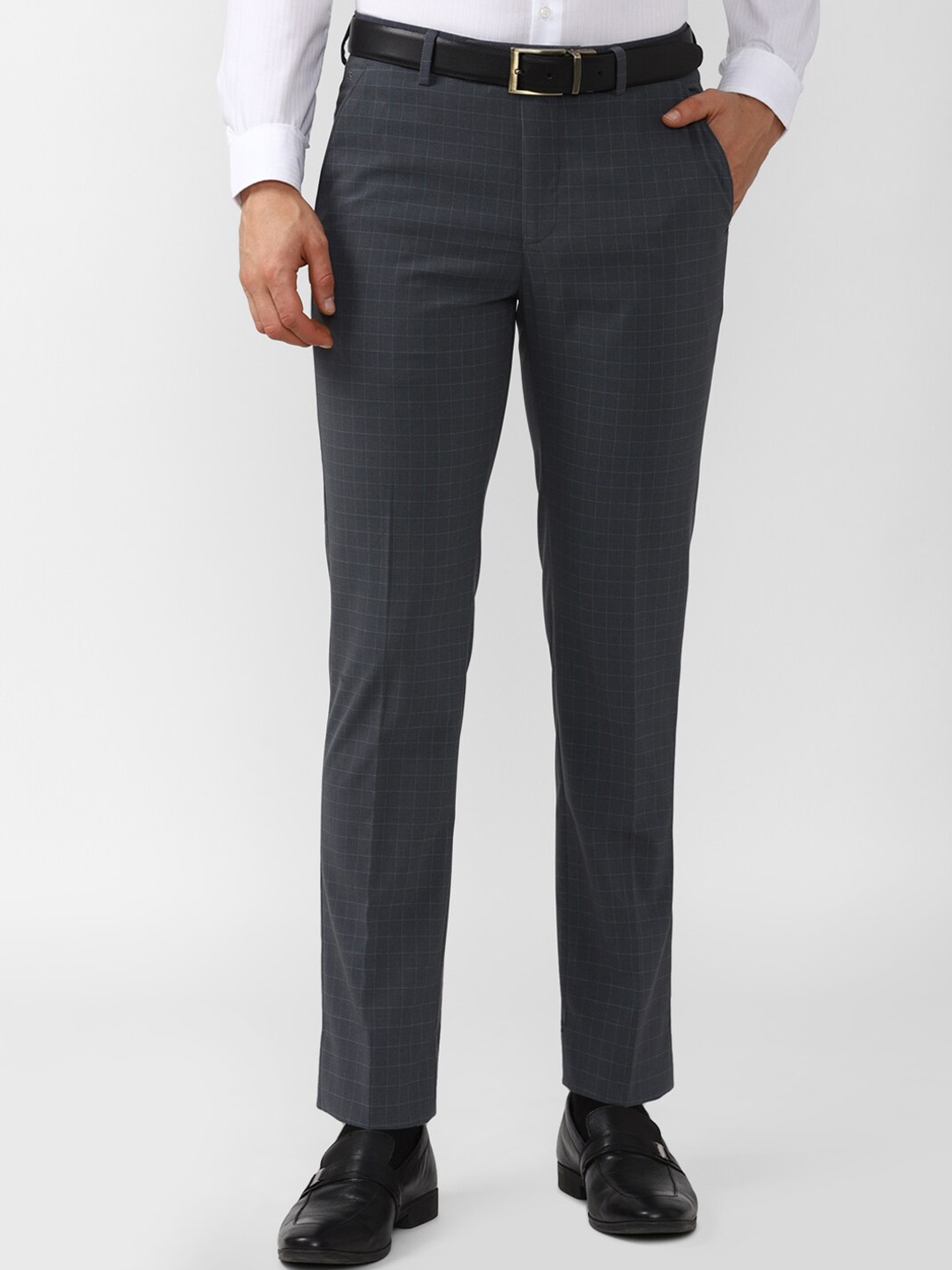 

Peter England Men Grey Checked Slim Fit Trousers