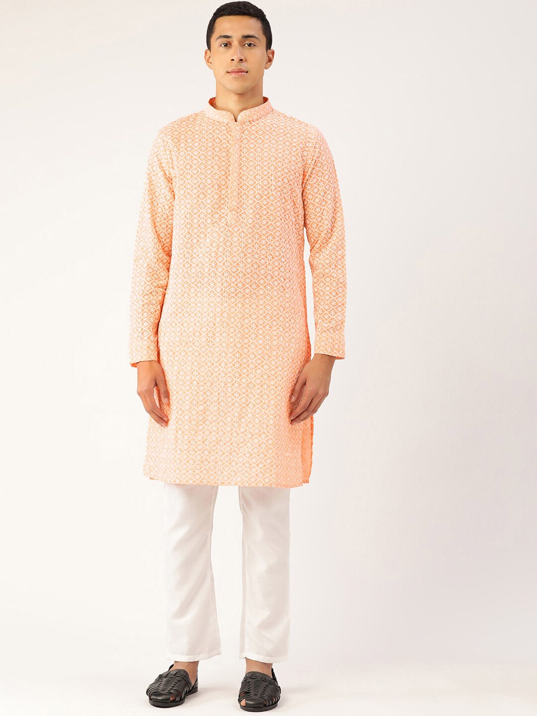 

Molly & Michel Men Peach-Coloured Chikankari Pure Cotton Kurta with Pyjamas