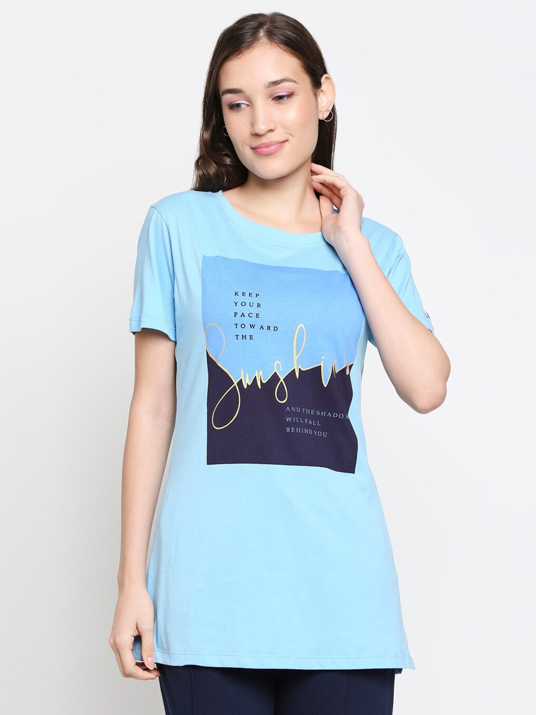 

XIN Women Blue Typography Printed Extended Sleeves T-shirt