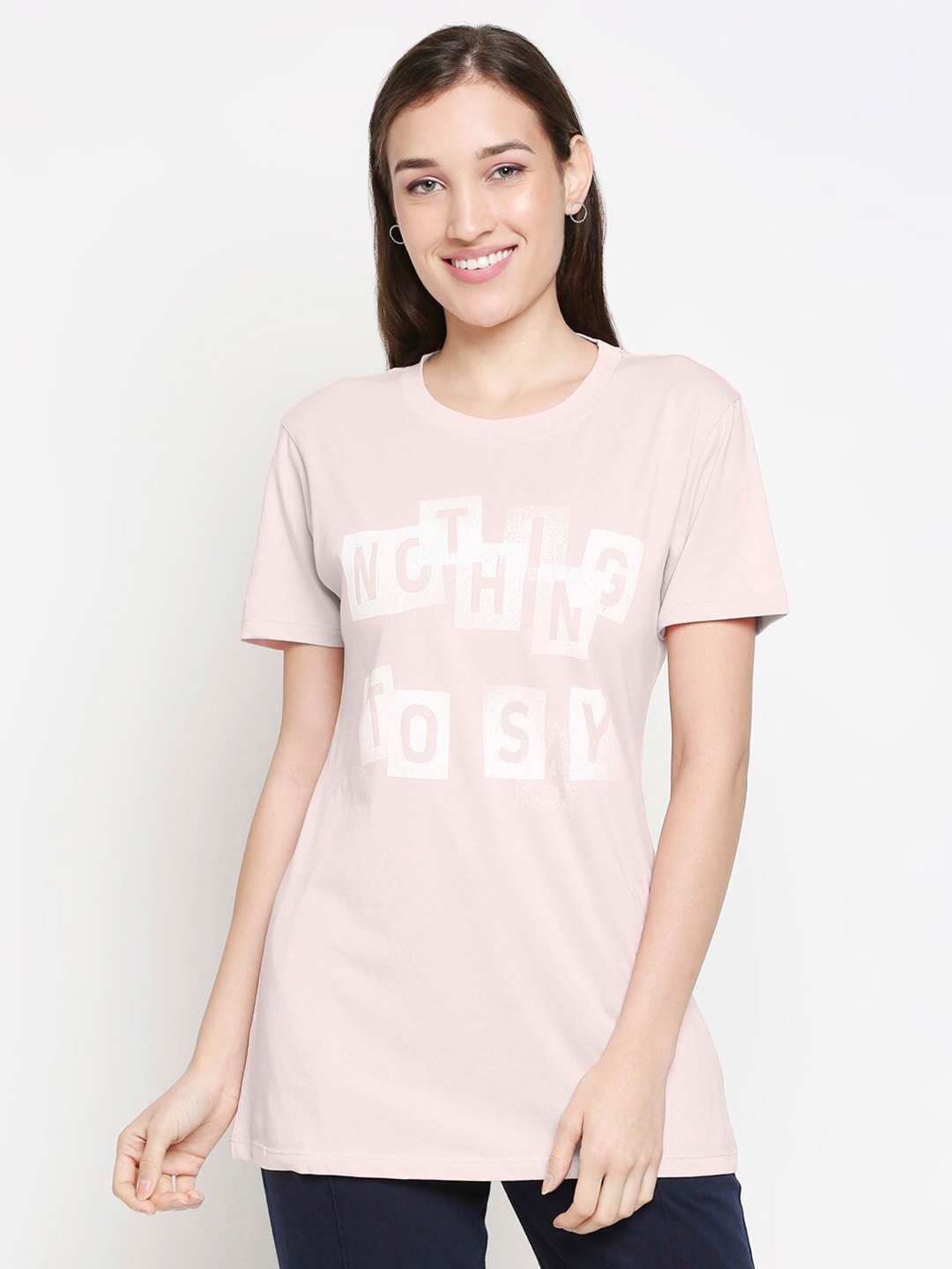 

XIN Women Peach-Coloured Typography Printed Loose T-shirt